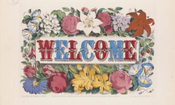 Image Text: Red and blue WELCOME text surrounded by florals against a beige background