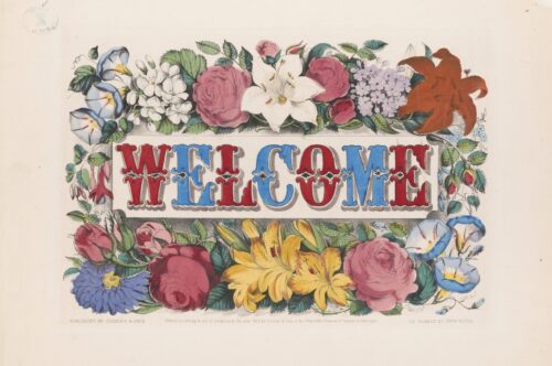 Image Text: Red and blue WELCOME text surrounded by florals against a beige background