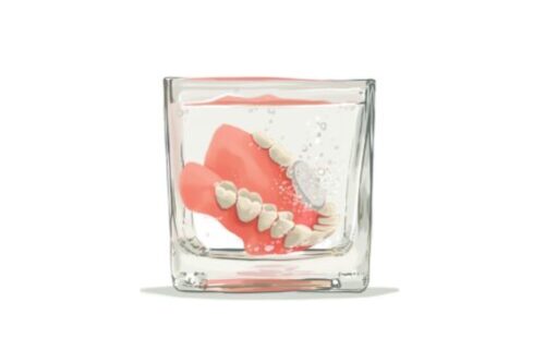 Image Text: dentures soaking in glass with denture cleaning tablet, denture care
