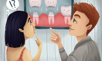 Image Text: woman discussing dental crowns vs dental fillings with dentist