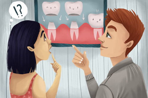Image Text: woman discussing dental crowns vs dental fillings with dentist