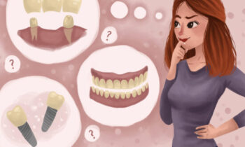 Image Text: woman considering missing tooth replacement with dentures, dental implants, dental bridge